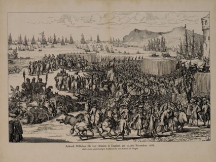 Arrival of William III of Orange in England, November 15/16 1688, after a similar copper engraving by Romain de Hooghe
