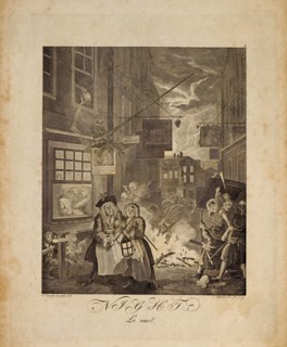 La Nuit (Night), London Street Scene at Night, by William Hogarth, Engraving, 1738