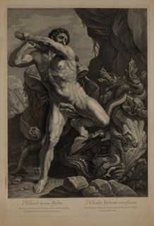 Hercule tuant l'hydre (Hercules Killing the Hydra), Woodcut Engraving from the Original 1620 Painting by Guido Reni