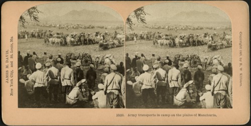 Army Transports in Camp on the Plains of Manchuria, Stereo Card, B.W. Kilburn, 1905