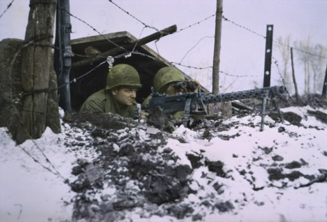 Airborne Infantrymen, .30-caliber Machine Gun, Ardennes-Alsace Campaign, Battle of the Bulge, 1945