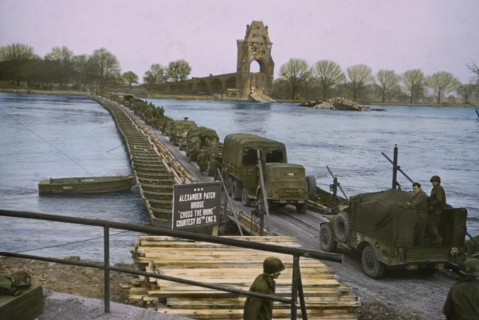 American Infantrymen and Trucks Crossing the Rhine near Worms, Germany, Central Europe Campaign, Western Allied Invasion of Germany, 1945