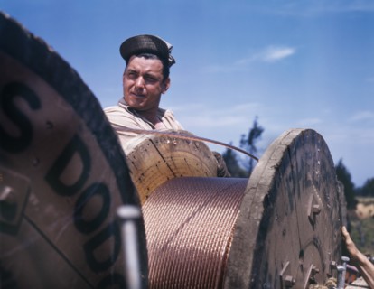 Construction Worker Building 33,000 Electric Power Line, Fort Knox, Kentucky, USA, Alfred T. Palmer for Office of War Information, June 1942