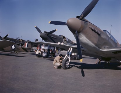 P-51 Fighter Planes Being Prepared for Test Flight, North American Aviation, Inc., Inglewood, California, USA, Alfred T Palmer for Office of War Information, October 1942