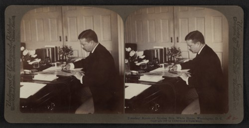 President Theodore Roosevelt Signing Bills, White House, Washington DC, USA, Stereo Card, Underwood & Underwood, 1903