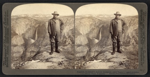 President Theodore Roosevelt's Choicest Recreation, Amid Nature's Rugged on Glacier Point, Yosemite Valley, California, USA, Stereo Card, Underwood & Underwood, 1903