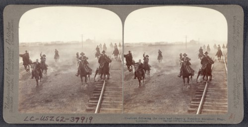Cowboys Following Train and Cheering President Theodore Roosevelt, Hugo, Colorado, USA, Stereo Card, Underwood & Underwood, June 12, 1903