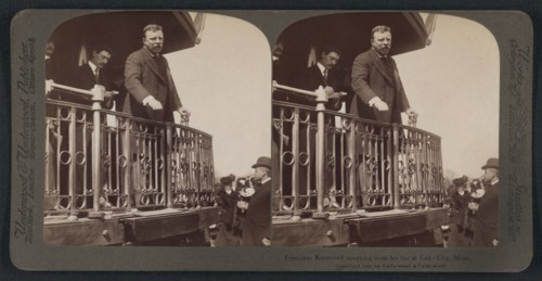 President Theodore Roosevelt Speech from Railroad Car during Western Tour, Lake City, Minnesota, USA, Stereo Card, R. Y. Young, American Stereoscopic Company, 1903