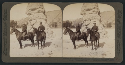 President Theodore Roosevelt's Western Tour, Visiting Liberty Cap, Yellowstone National Park, Wyoming, USA, Stereo Card, R. Y. Young, American Stereoscopic Company, 1903