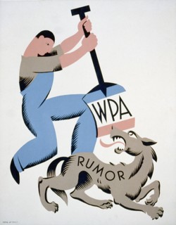 Work Projects Administration Poster, "WPA Rumor", Man with WPA Shovel Attacking Wolf Labeled Rumor, Artist Vera Bock, 1939