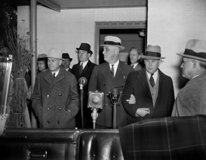 U.S. President Franklin Roosevelt with Resettlement Administration Head Rexford G. Tugwell (to Roosevelt's Right), at new Cooperative Housing Development, Greenbelt, Maryland, USA, Arthur Rothstein, F...