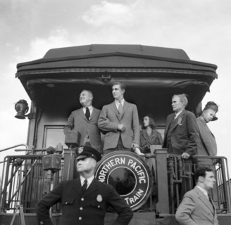 U.S. President Franklin Roosevelt Holding on to Son Franklin Delano Roosevelt, Jr., while Speaking from back of Train during Drought Inspection, Bismarck, North Dakota, USA, Arthur Rothstein, Farm Sec...