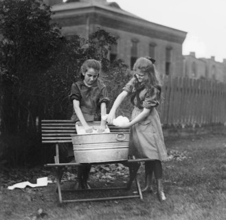 Two Girl Scouts Washing Clothes, Washington DC, USA, National Photo Company, 1920