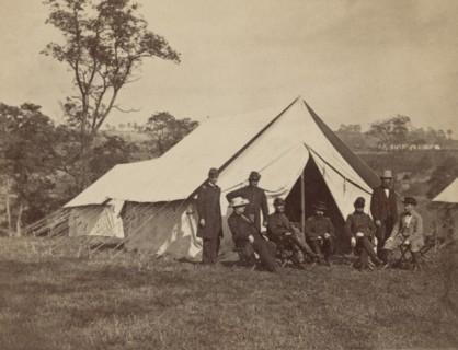 Group Portrait from Left, Captain Wright Rives, John W. Garret, an orderly, General Randolph Marcy, Lt. Col. Andrew B. Porter, Col. Thomas S. Mather, Ozias M. Hatch, Joseph C.G. Kennedy, at Army of th...