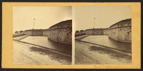 South Side Exterior Walls and Moat, Fort Monroe, Virginia, USA, George Stacy, Stereo Card, 1861