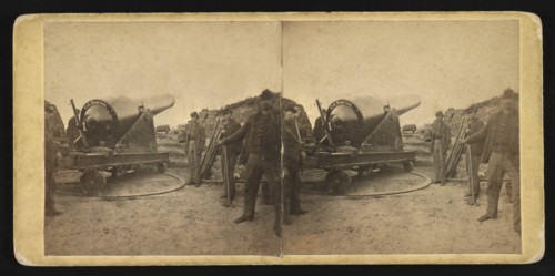 Group of Union Soldiers and Parrot Rifle, Battery Chatfield, Morris Island, South Carolina, USA, Samuel A. Cooley, Stereo Card, 1865