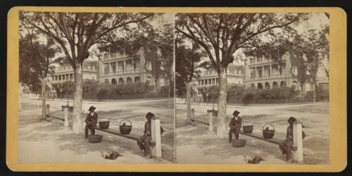 Two African American Boys Sitting on Bench with Three Baskets on Battery at Meeting Street, Charleston, South Carolina, USA, Stereo Card, 1860's
