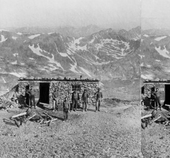 Group of Men in front of Dolly Varden Mine, Mount Lincoln, South Park, Colorado, USA, William Gunnison Chamberlain, Stereo Card, 1878