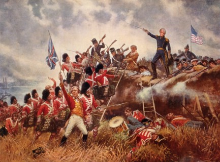 Andrew Jackson Standing in front of American Flag with Sword Raised during Battle of New Orleans, 1815, Reproduction of Painting by E. Percy Moran, 1910