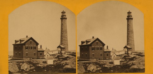 Thacher Island Lighthouse with Adjacent Keeper's House, Gloucester, Massachusetts, USA, by Hervey Friend, Stereo Card, 1869