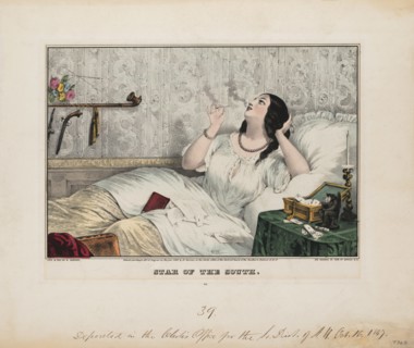 Star of the South, Reclining Portrait of Young Southern Woman Smoking while Reading Letters in Bed, Lithograph, Nathaniel Currier, 1847