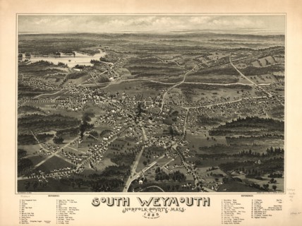 South Weymouth, Norfolk County, Massachusetts, Artist, C.E. Jorgensen, Geo. H. Walker & Son Lith., Boston, Published by A.P. Poole & Co., Brockton, Mass., 1885