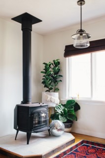 Wood Burning Stove in Corner of Living Room