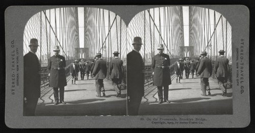 Group of People on Promenade, Brooklyn Bridge, New York City, New York, USA, Stereo Card by Stereo-Travel Co., 1909