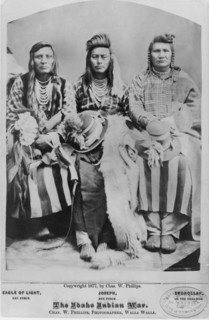 Three Native American Men, Eagle of Light, Joseph & Smohollah, Seated Portrait, The Idaho Indian War, by Charles W. Phillips, Walla Walla, Washington, USA, 1877