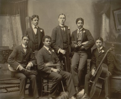 Portrait of Group of Young Musicians with Various String Instruments, rom left: Photographer's Twin Sons Clarence and Norman Askew, son Arthur Askew, neighbor Jake Sansome, and sons Robert and Walter ...