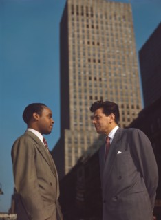 Portrait of Joe Marsala (right) Talking with Unidentified Man, West 52nd Street, New York City, New York, USA, William P. Gottlieb Collection, 1948