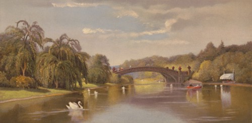 Central Park Views, Lake and Bow Bridge, H.A.F 1869, after oil painting by H.A. Ferguson, N.Y., 1869