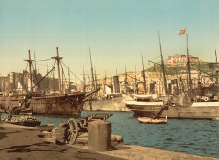 Ships in Harbor, Naples, Italy, Photochrome Print, Detroit Publishing Company, 1900