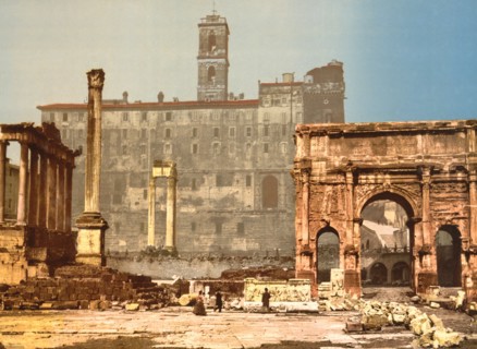 Temple of Saturn and Triumphal Arch of Septimus Severus, Rome, Italy, Photochrome Print, Detroit Publishing Company, 1900