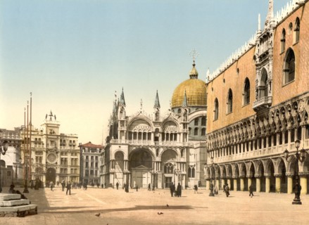 Clock tower, St. Mark's, and Doges' Palace, Piazzetta di San Marco, Venice, Italy, Photochrome Print, Detroit Publishing Company, 1900