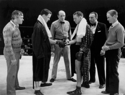 Actor Lew Ayres (second left) with his Opponent and Handlers, on-set of the Film, "Iron Man", Universal Pictures, 1931