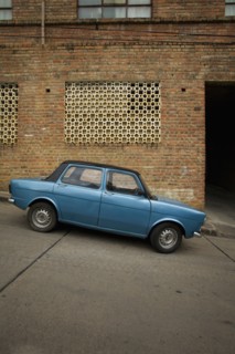 Small Blue Car Parked on Steep Road, San Gil, Colombia