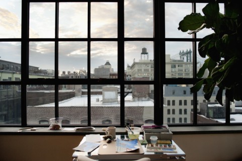 Artist's Desk and View of Urban Cityscape, Brooklyn, New York City, USA