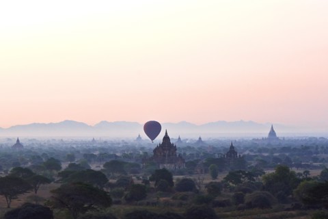 Hot Air Balloons Above Ancient Temples, Bagan, Myanmar