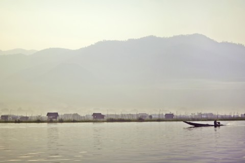 Fisherman in Boat on Inlay Lake at Dawn, Myanmar