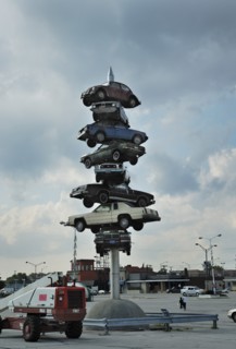 Stack of Old Cars as Sculpture, "Spindle", Illinois, USA