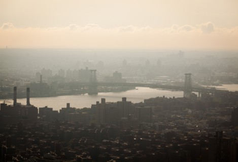 Manhattan Bridge and Skyline on Hazy Day, New York City, USA