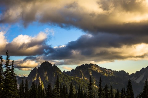 Mountains and Dramatic Clouds at Sunset, Mount Rainier National Park, Washington, USA
