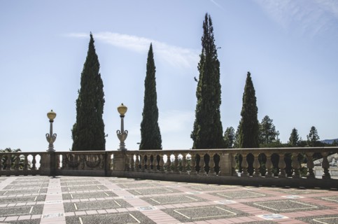 Terrace and Balustrade against Tall Trees, Hearst Castle, San Simeon, California, USA