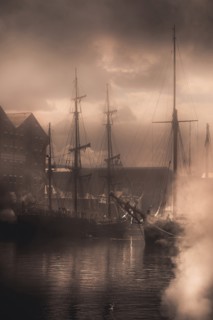 Tall Ships in Foggy Harbor, Gloucester, England, United Kingdom