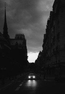 Lone Car on Narrow Street at Night, Paris, France