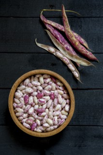 Raw Pinto Beans in Bowl next to Bean Pods