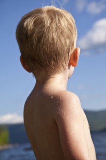 Young Blonde Boy at Lake, Rear View, Close-Up