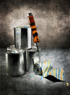 Metal Paint Cans and Striped Tie Wrapped on Paint Roller