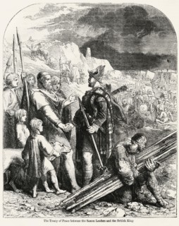 The Treaty of Peace between the Saxon Leaders and the British King, Illustration from John Cassell's Illustrated History of England, Vol. I from the earliest period to the reign of Edward the Fourth, ...
